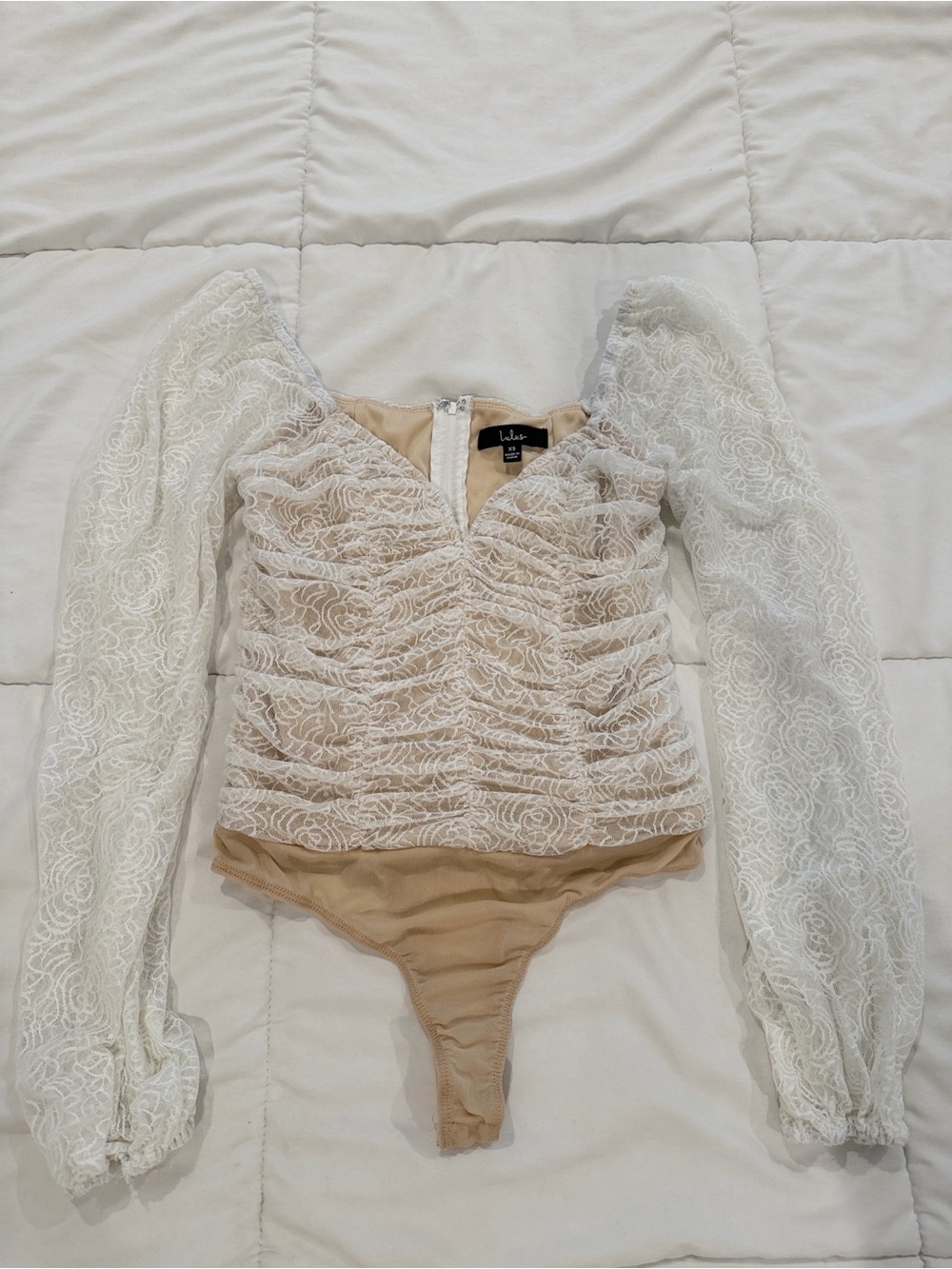 Lulu's White Lace Ruched Long-Sleeve Bodysuit with Nude Lining